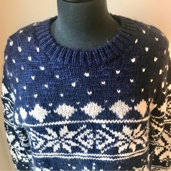 Fair Isle Sweater Wool Blend Sweater Chunky Knit Navy Blue White NWOT - Picture 2 of 9